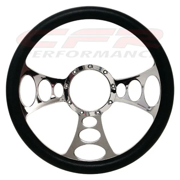 14" CHROME BILLET ALUMINUM STEERING WHEEL W- HALF WRAP - 9 HOLE