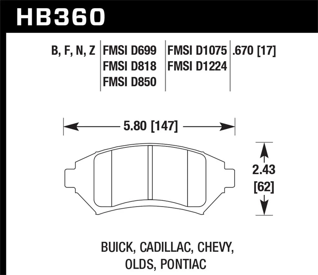 Hawk HPS Brake Pads Pontiac Trans Sport (1997-1999) Front Set HB360F.670