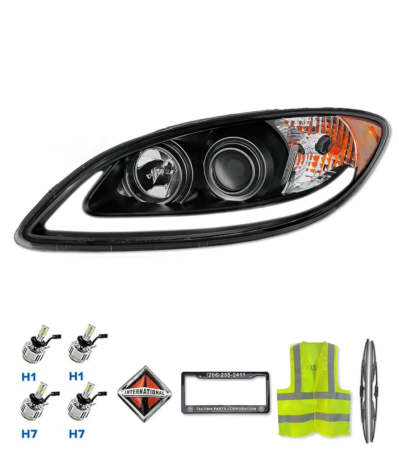 Headlight Black with LED Glow Bar Driver 2008-2016 International Prostar