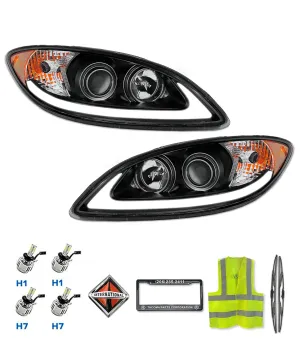 Headlights Black with LED Glow Bar Set 2008-2016 International Prostar