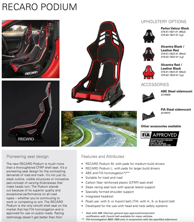 Recaro Podium Carbon Fiber Racing Seat